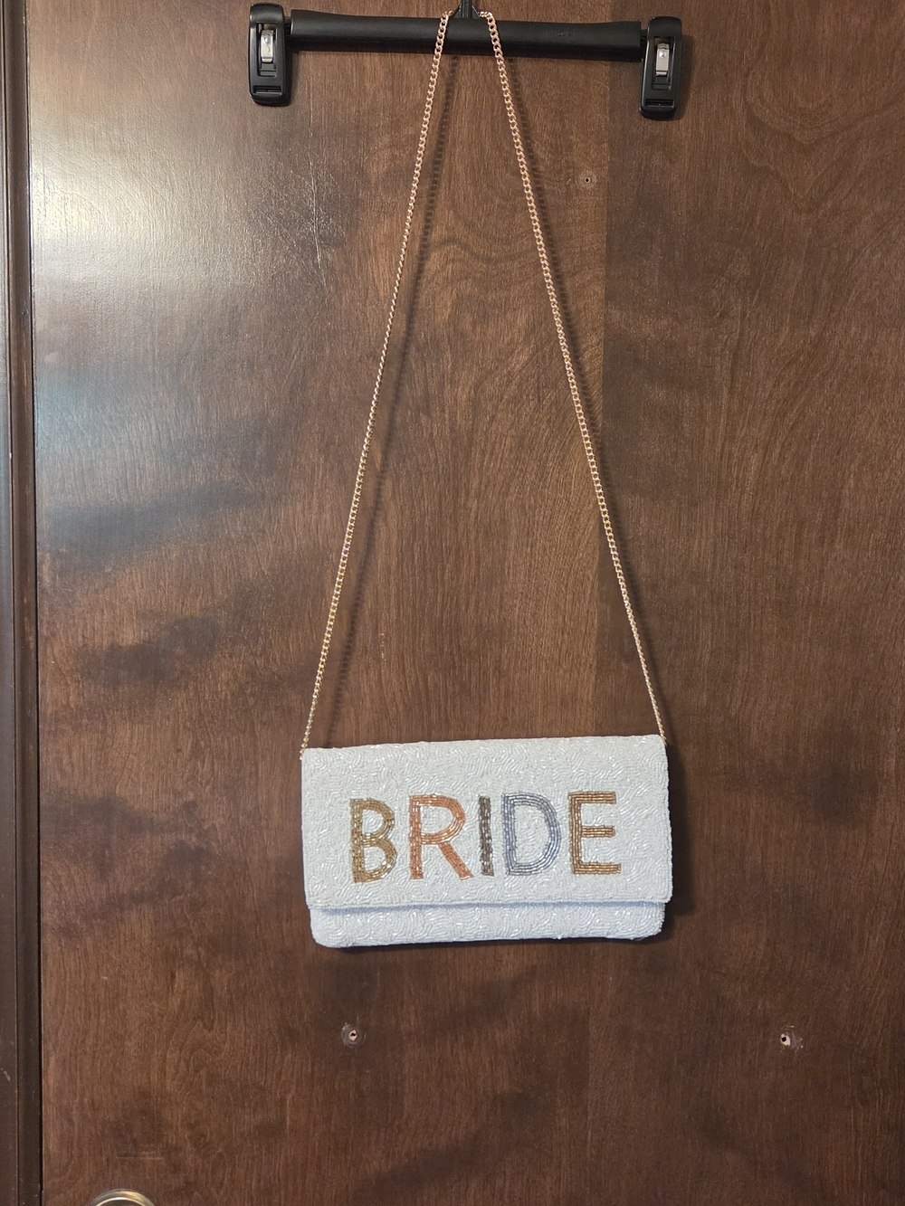 FRANCESA'S Bride Beaded Crossbody Bag in White with Metallic Lettering